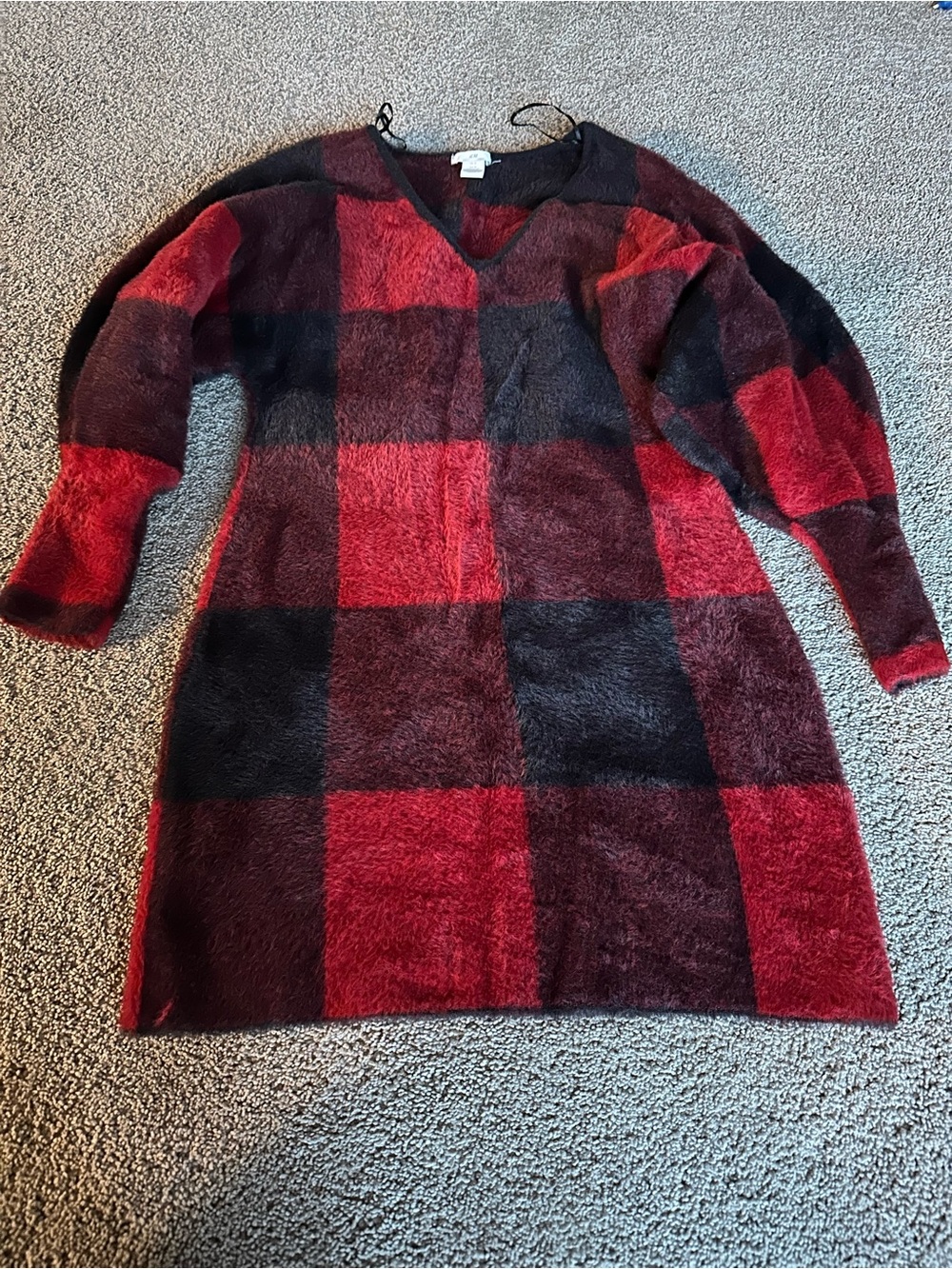 H&M Red and Black Plaid Fuzzy Mini Dress